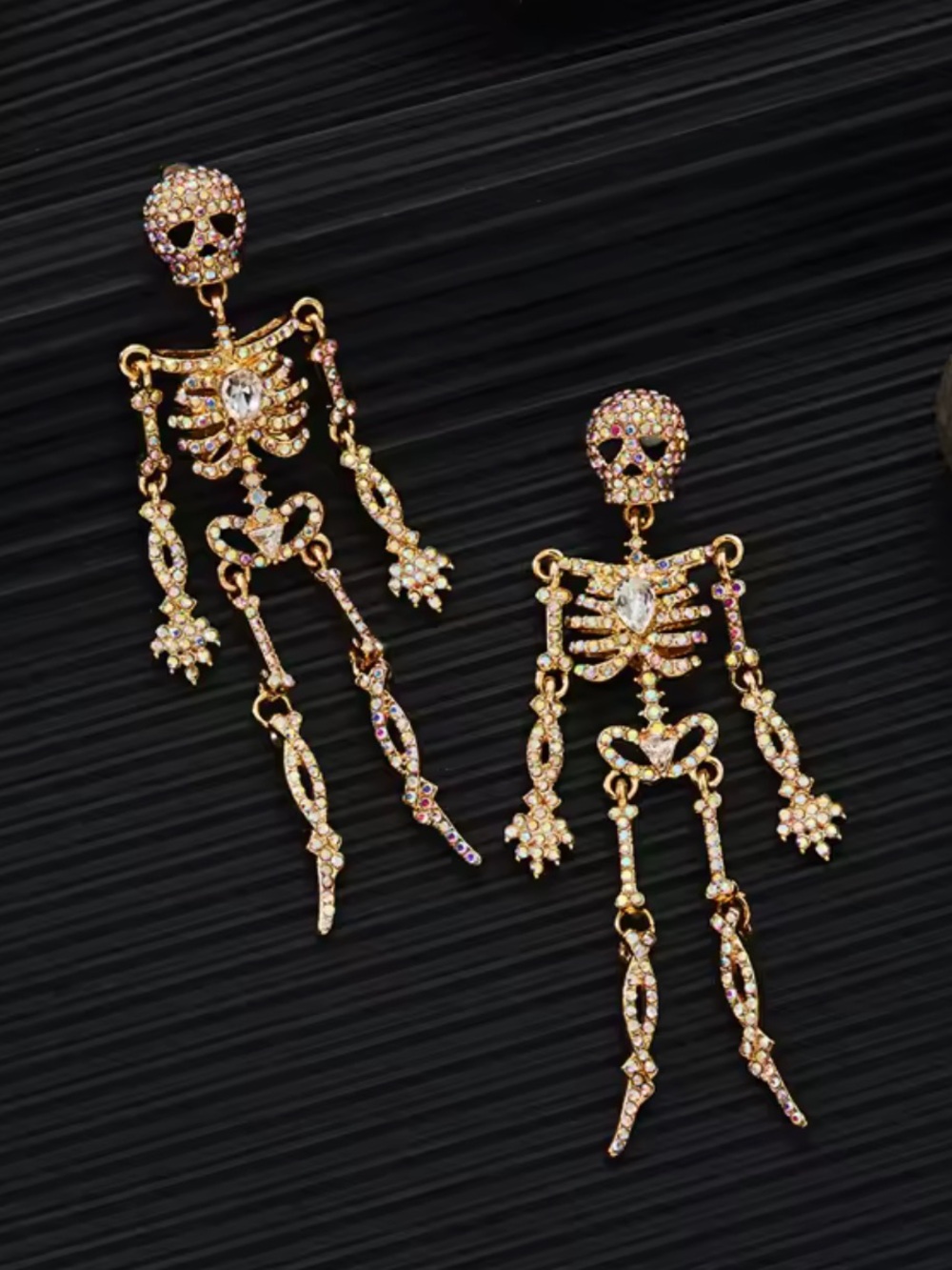 Gothic Gold Skeleton Crystal Dangle Earrings